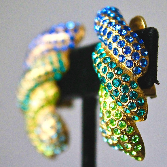 TARA EARRINGS CLIP ON VINTAGE GOLD GREENS BLUE AUSTRIAN CRYSTAL SAMPLE 90’s - Picture 4 of 7